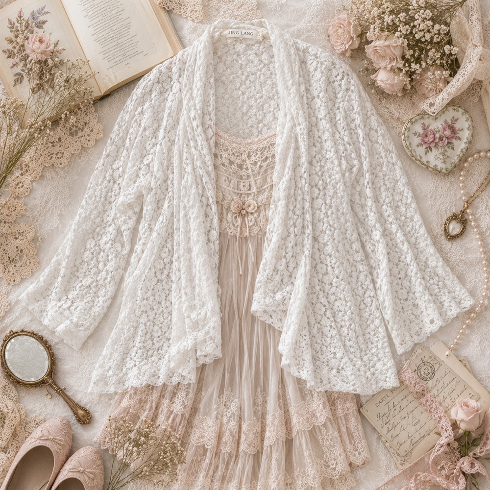 Wms Boho White‎ Floral Lace Draped Open Cardigan L Romantic Shabby Sans Souci